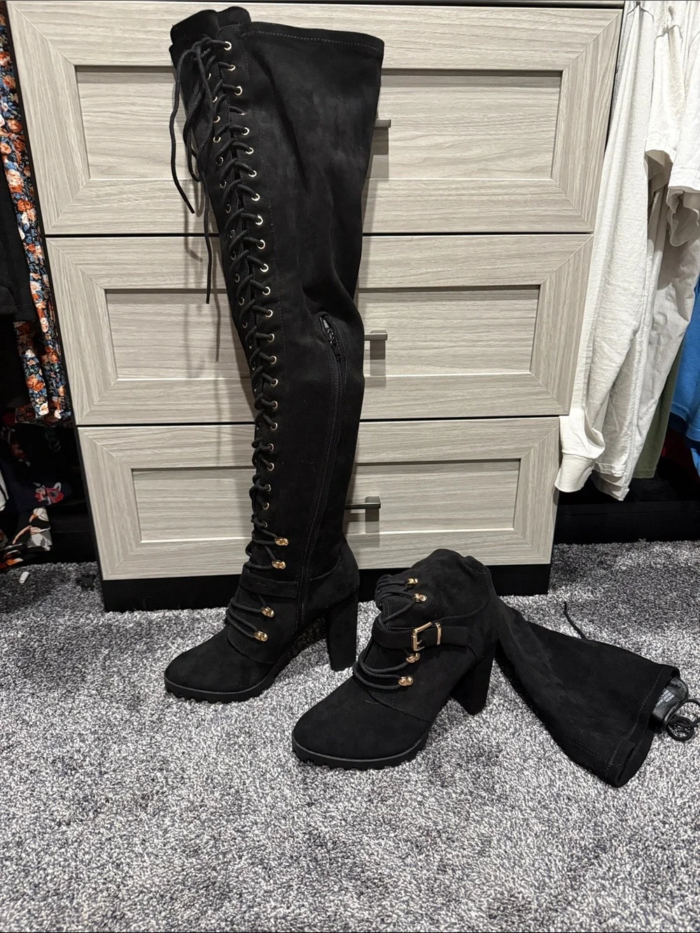 Black Lace-Up Over-the-Knee Heeled Boots - Women